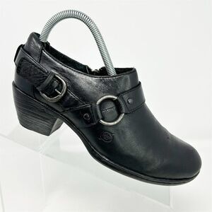 Born Women's Black Leather Western Ankle Booties Size 7.5 Harness Strap Zip